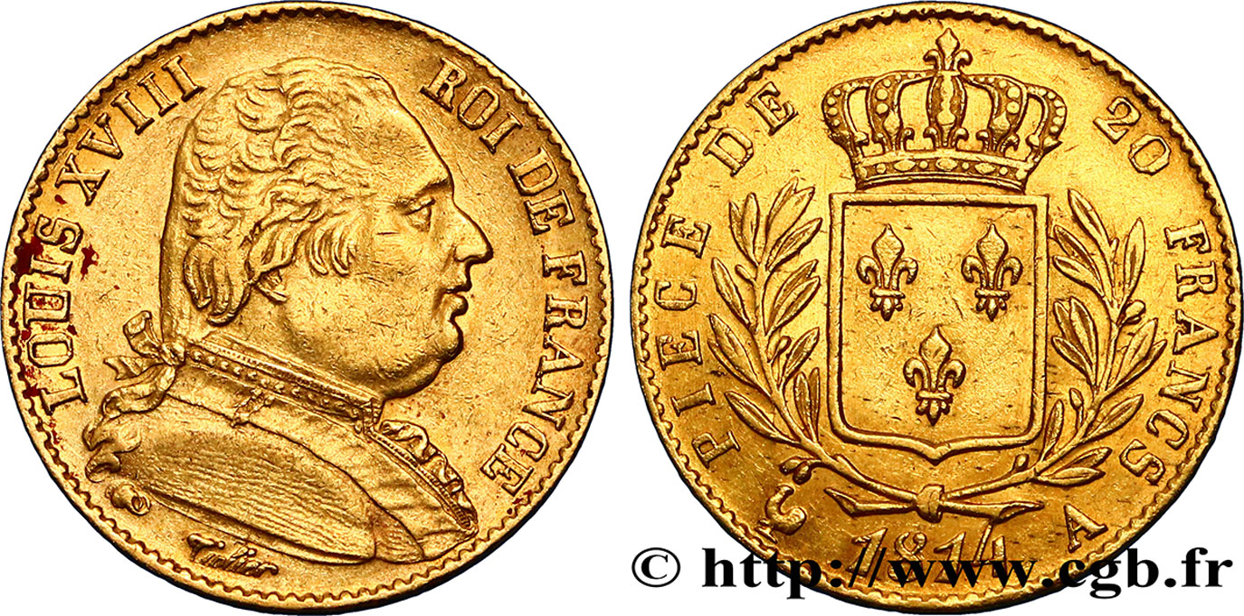 20 francs or Louis XVIII, buste habillé 1814 Paris F.517/1 MBC48 