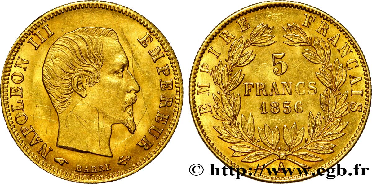 5 francs or Napoléon III, tête nue, grand module 1856 Paris F.501/2 EBC 