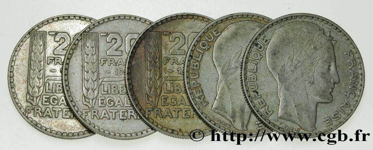 Lot de 5 pièces de 20 francs Turin n.d.  F.400/- lote 