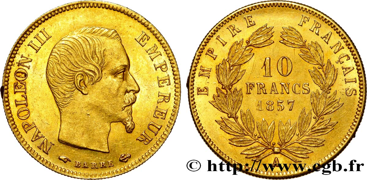 10 francs or Napoléon III, tête nue 1857 Paris F.506/4 EBC60 