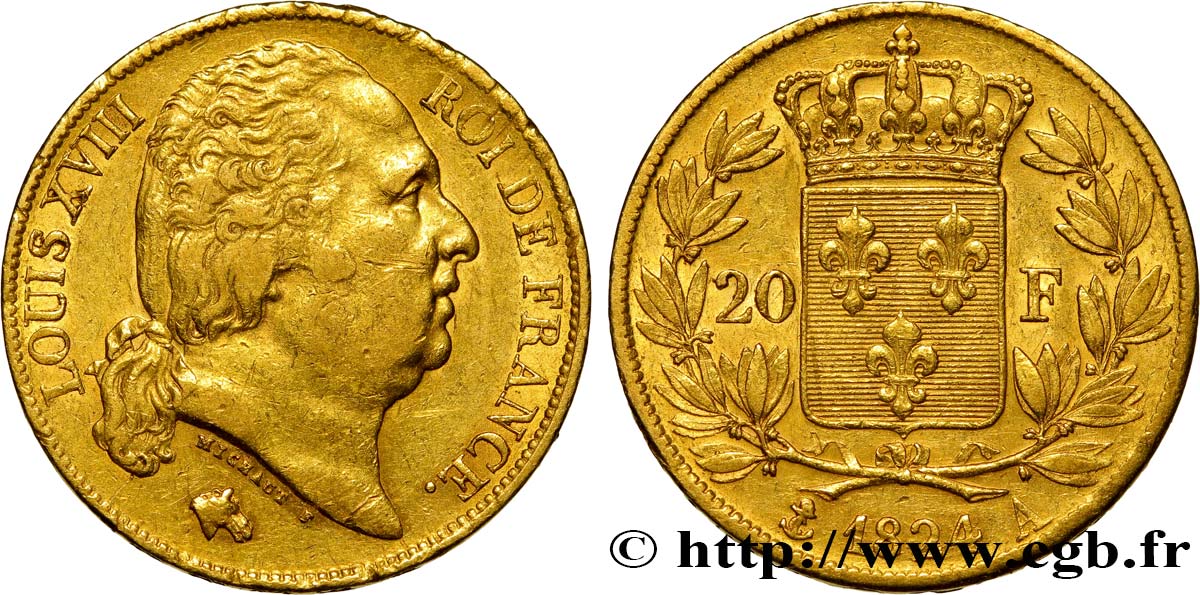 20 francs or Louis XVIII, tête nue 1824 Paris F.519/31 SS48 