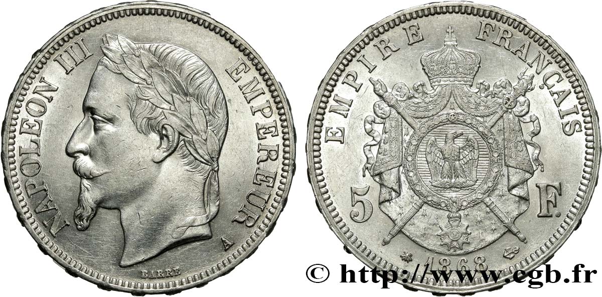 5 francs Napoléon III, tête laurée 1868 Paris F.331/12 EBC55 