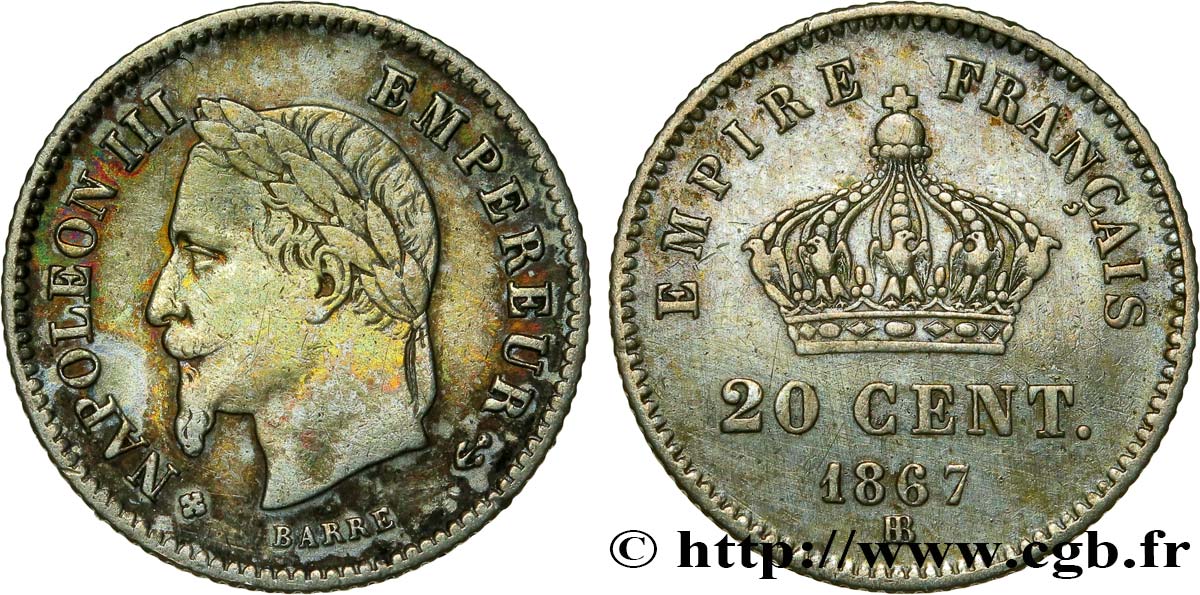 20 centimes Napoléon III, tête laurée, grand module 1867 Strasbourg F.150/2 TB30 