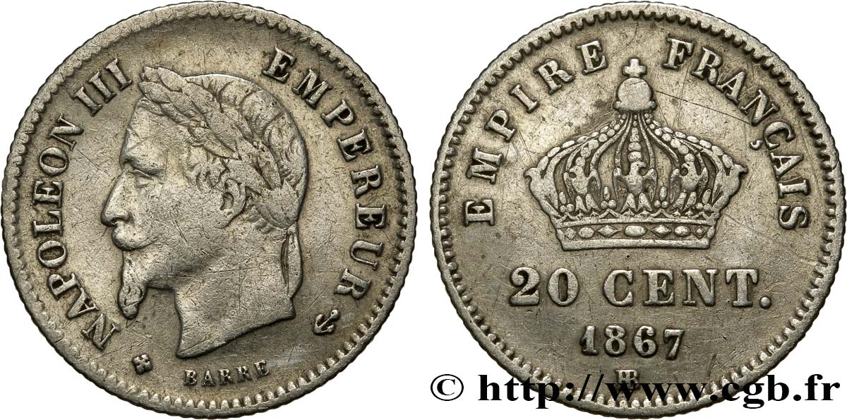 20 centimes Napoléon III, tête laurée, grand module 1867 Strasbourg F.150/2 TB30 