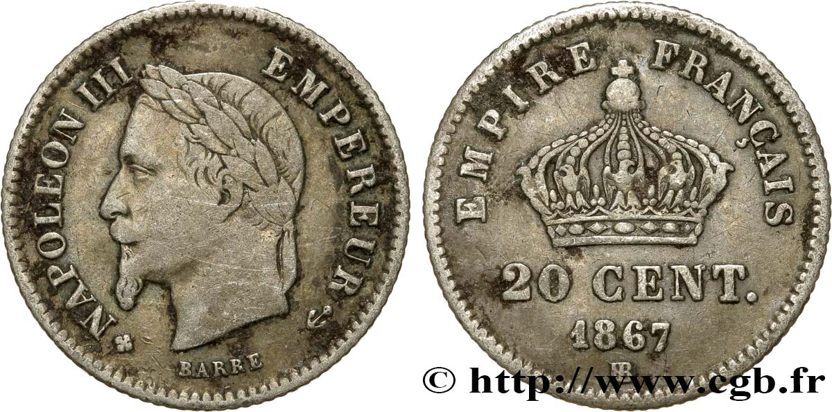 20 centimes Napoléon III, tête laurée, grand module 1867 Strasbourg F.150/2 TB30 
