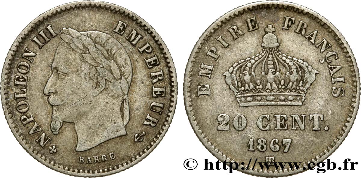 20 centimes Napoléon III, tête laurée, grand module 1867 Strasbourg F.150/2 VF30 