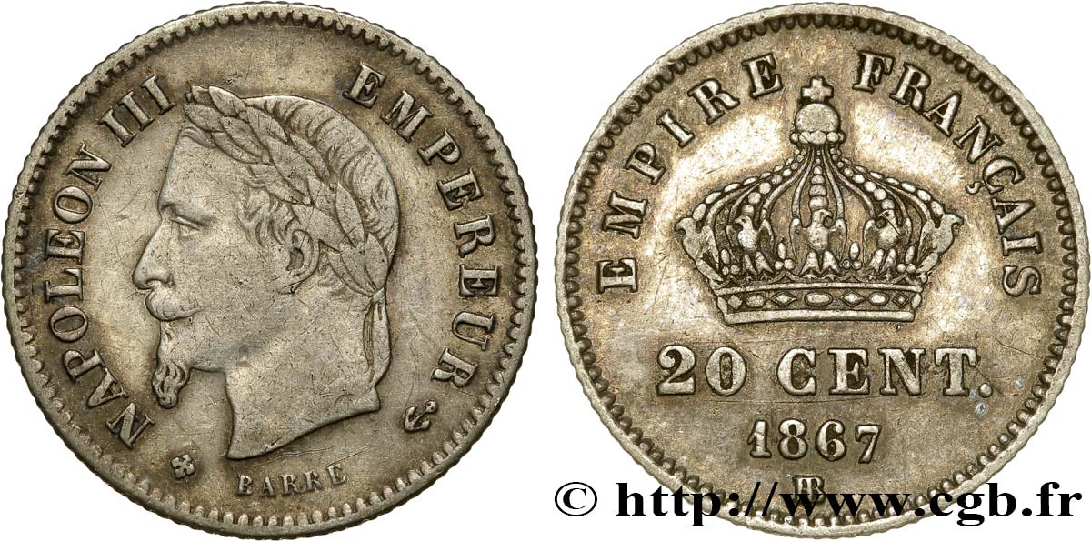 20 centimes Napoléon III, tête laurée, grand module 1867 Strasbourg F.150/2 TB30 