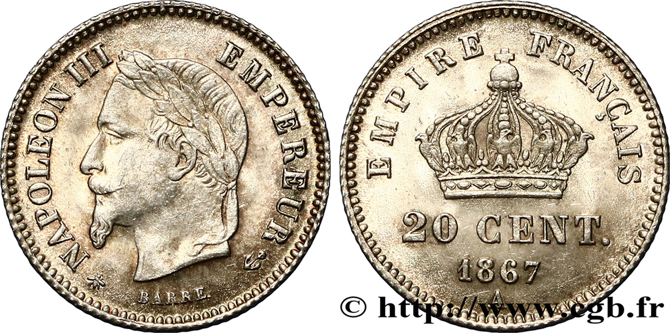 20 centimes Napoléon III, tête laurée, grand module 1867 Paris F.150/1 MS62 
