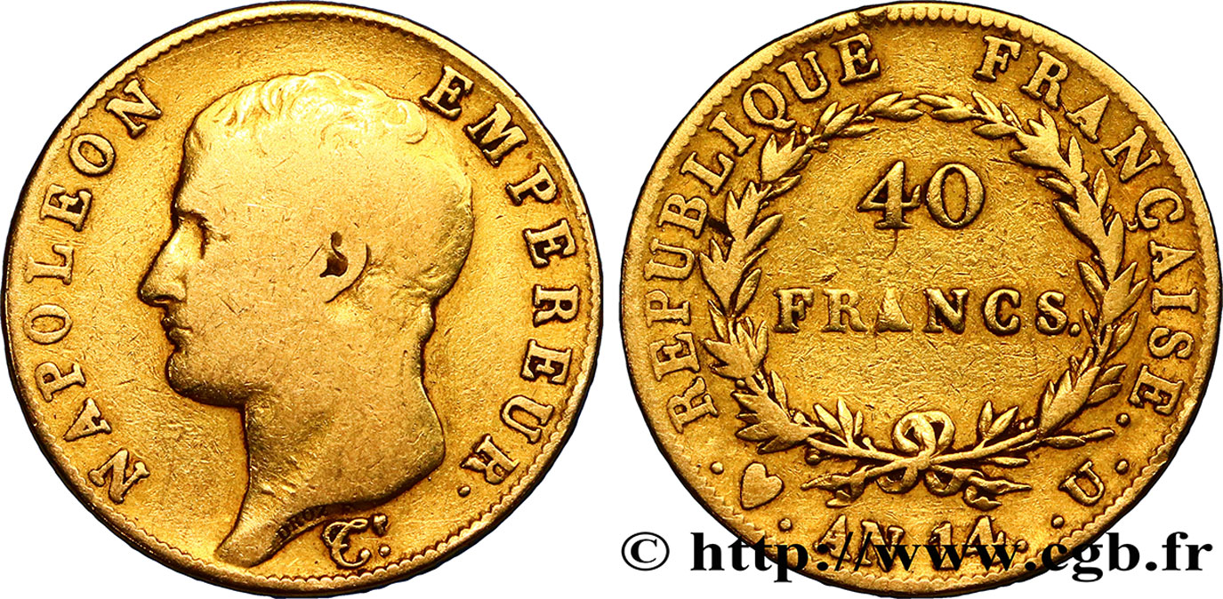 40 francs or Napoléon tête nue, calendrier révolutionnaire 1805 Turin F.537/3 VF20 