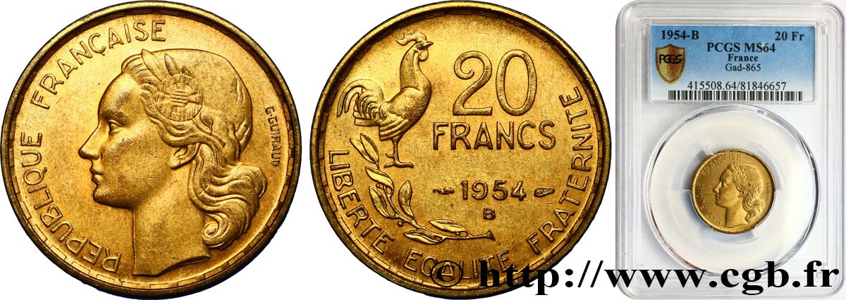 20 francs G. Guiraud 1954 Beaumont-Le-Roger F.402/13 MS64 PCGS