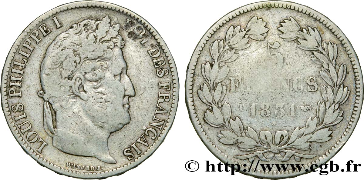 5 francs Ier type Domard, tranche en relief 1831 Nantes F.320/12 VF22 