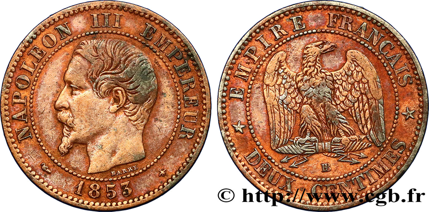 Deux centimes Napoléon III, tête nue 1853 Strasbourg F.107/3 BC35 