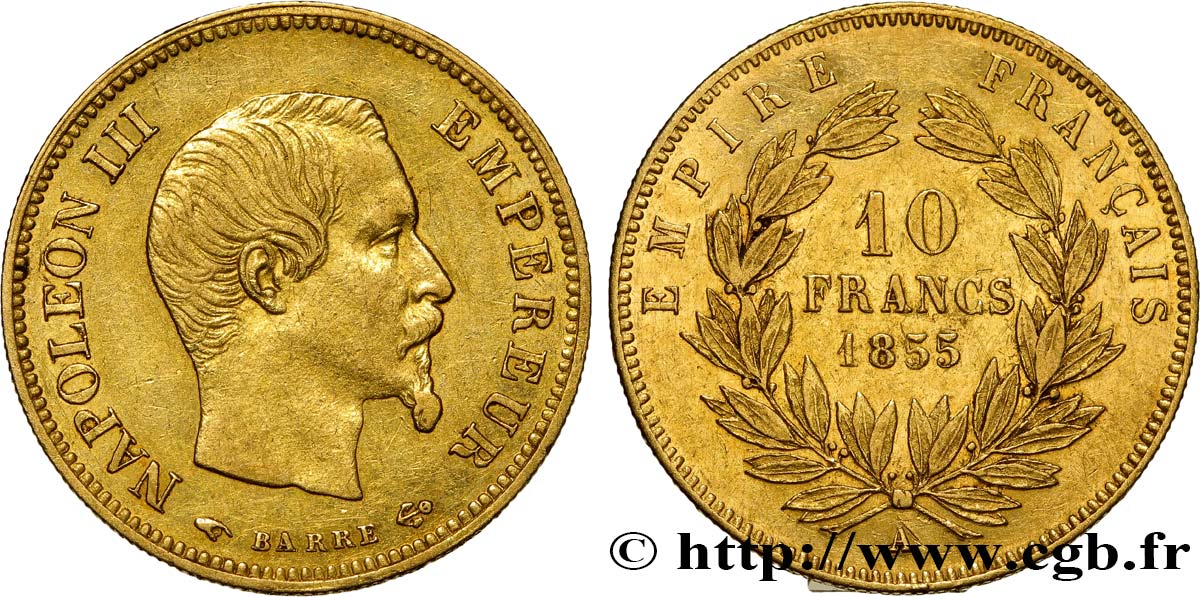 10 francs or Napoléon III, tête nue 1855 Paris F.506/1 AU50 