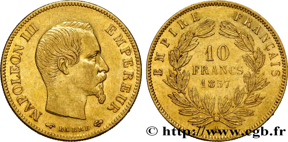 10 francs or Napoléon III, tête nue 1857 Paris F.506/4 XF48 