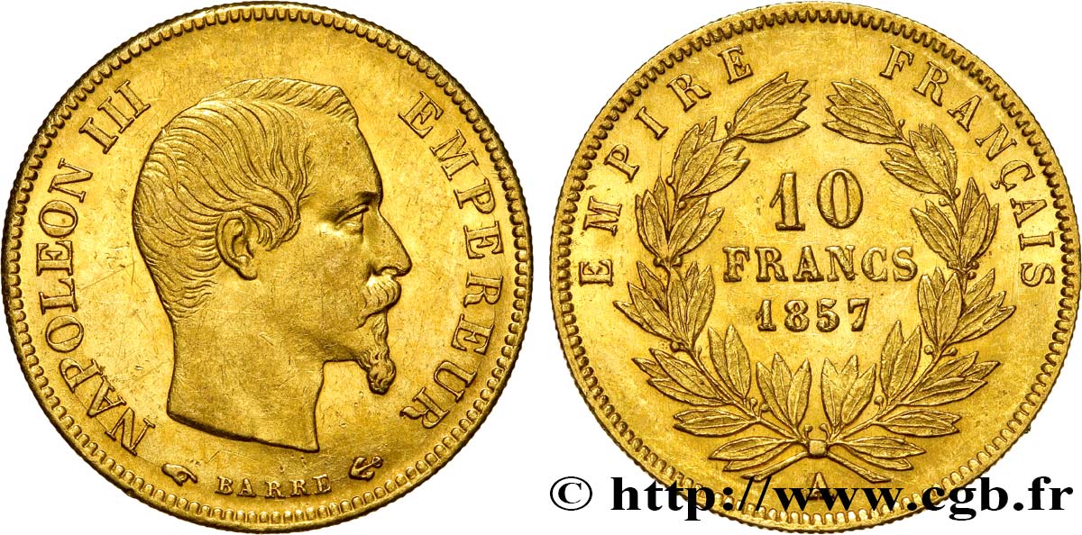 10 francs or Napoléon III, tête nue 1857 Paris F.506/4 SS50 