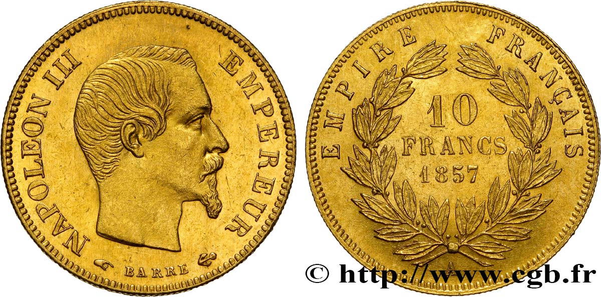 10 francs or Napoléon III, tête nue 1857 Paris F.506/4 EBC55 