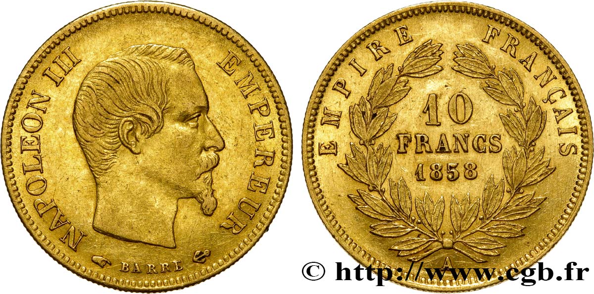 10 francs or Napoléon III, tête nue 1858 Paris F.506/5 XF48 