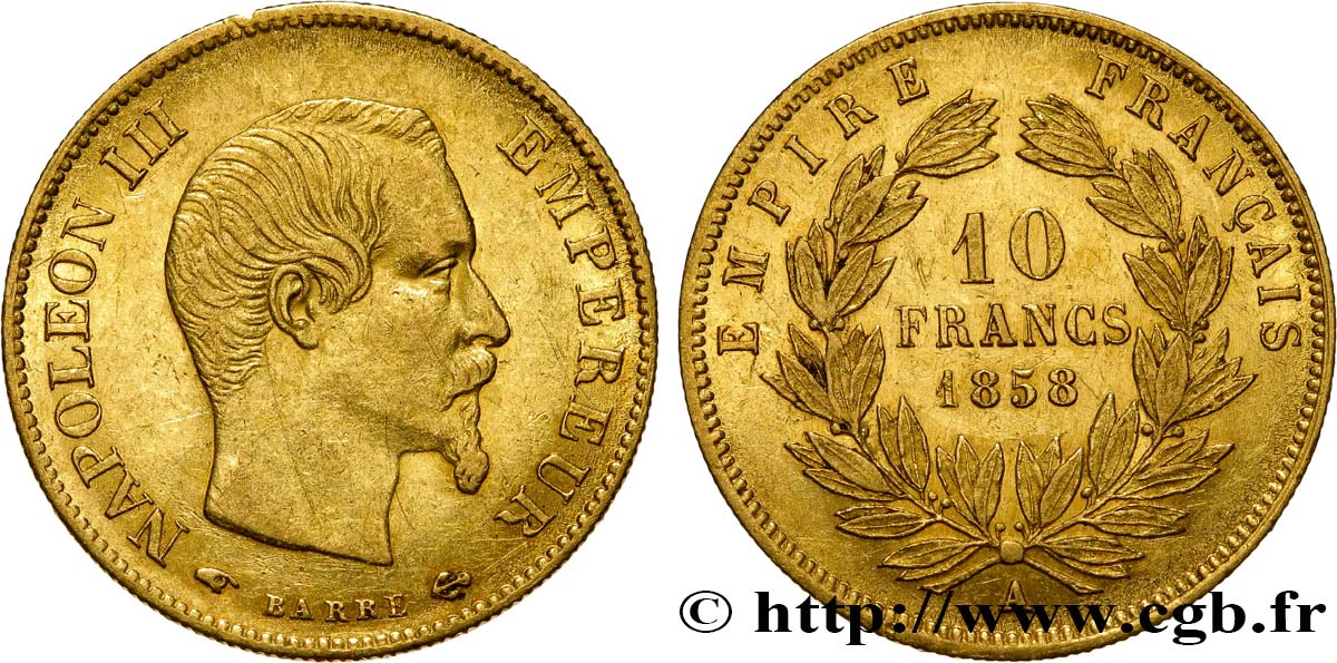 10 francs or Napoléon III, tête nue 1858 Paris F.506/5 AU50 