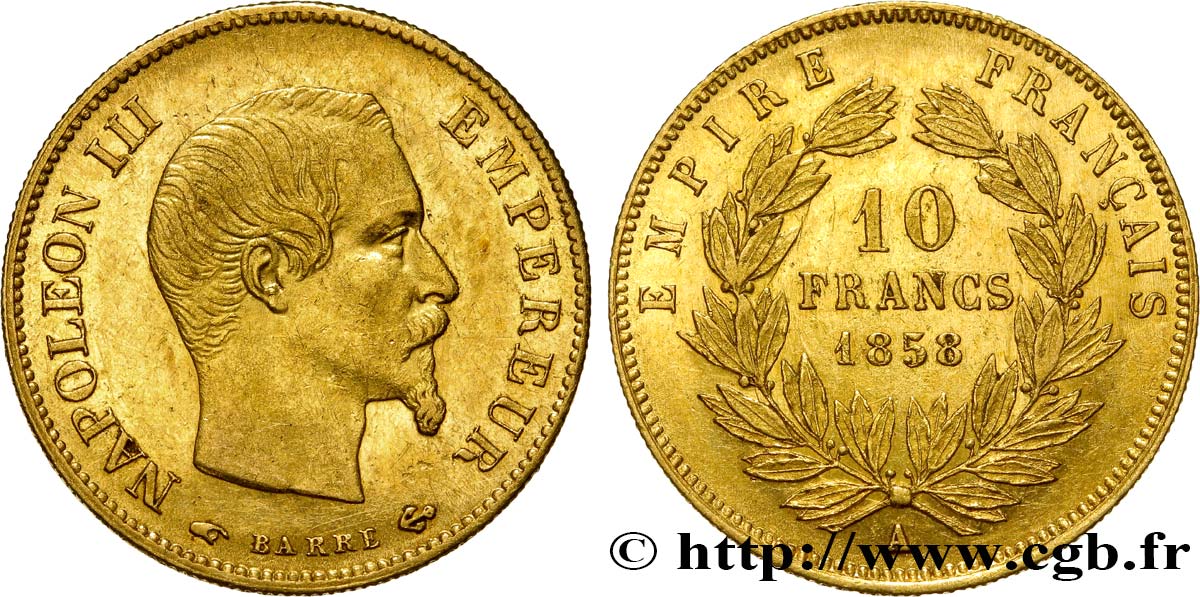 10 francs or Napoléon III, tête nue 1858 Paris F.506/5 BB50 