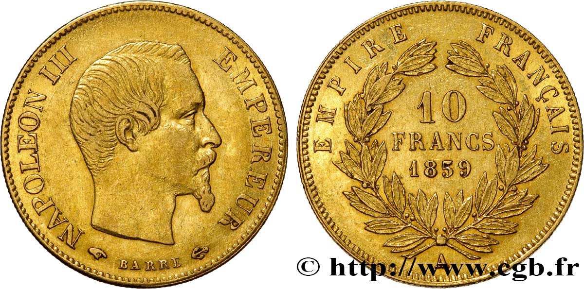 10 francs or Napoléon III, tête nue 1859 Paris F.506/7 XF48 