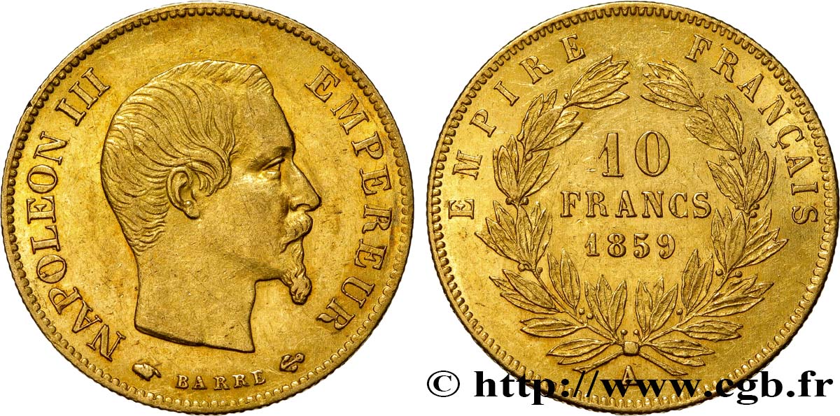 10 francs or Napoléon III, tête nue 1859 Paris F.506/7 SS50 