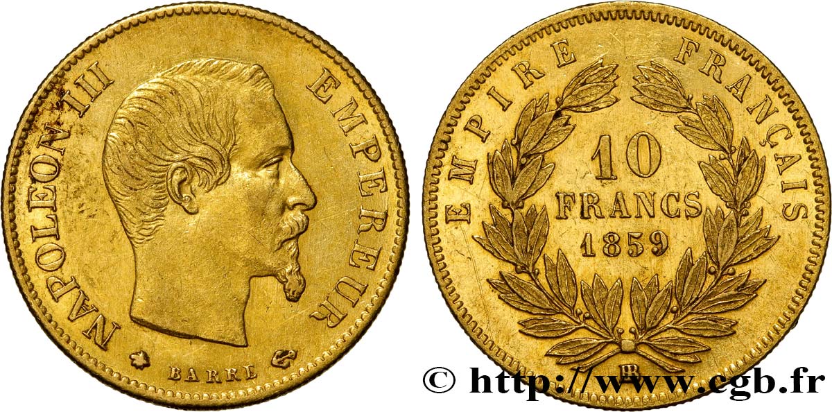 10 francs or Napoléon III, tête nue 1859 Strasbourg F.506/8 AU50 