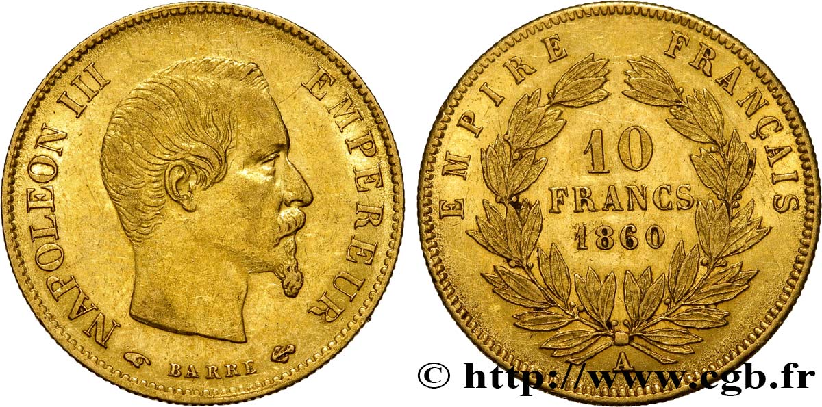 10 francs or Napoléon III, tête nue 1860 Paris F.506/9 XF48 