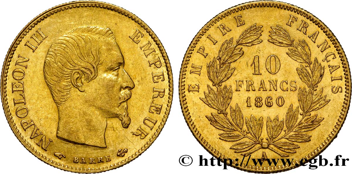 10 francs or Napoléon III, tête nue 1860 Paris F.506/9 AU53 
