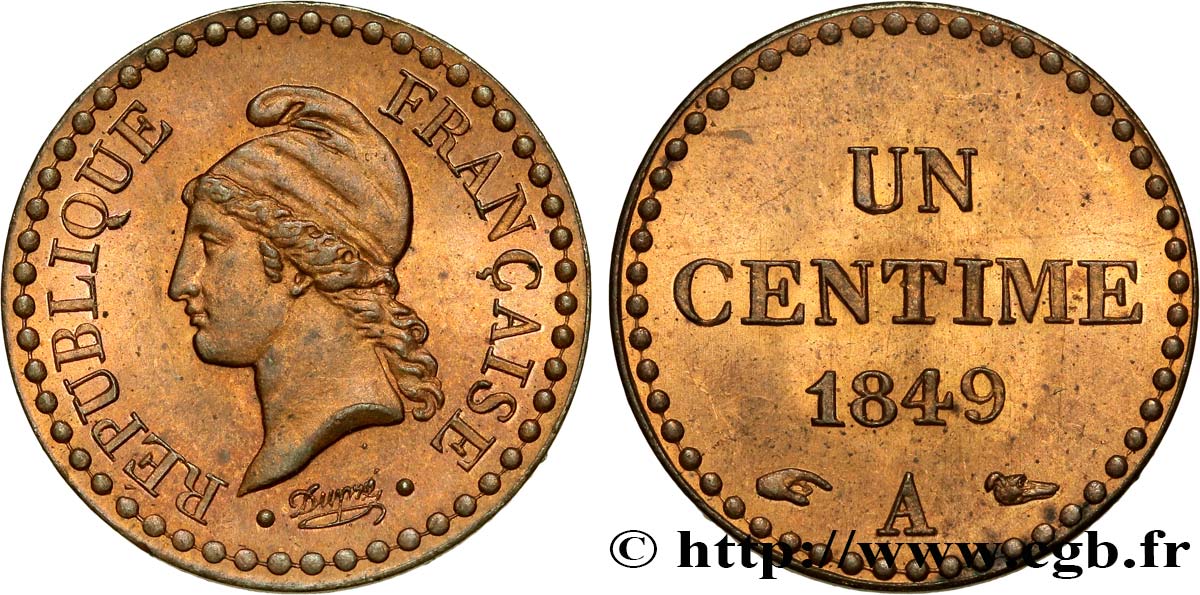Un centime Dupré, IIe République 1849 Paris F.101/2 SUP62 