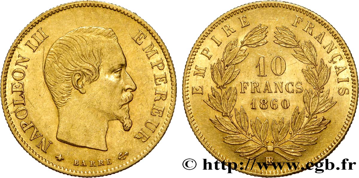 10 francs or Napoléon III, tête nue 1860 Strasbourg F.506/11 AU50 