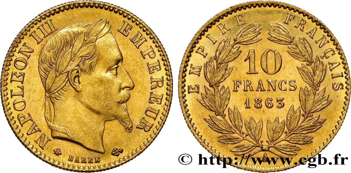 10 francs or Napoléon III, tête laurée, type définitif à grand 10 1863 Paris F.507A/3 SUP55 