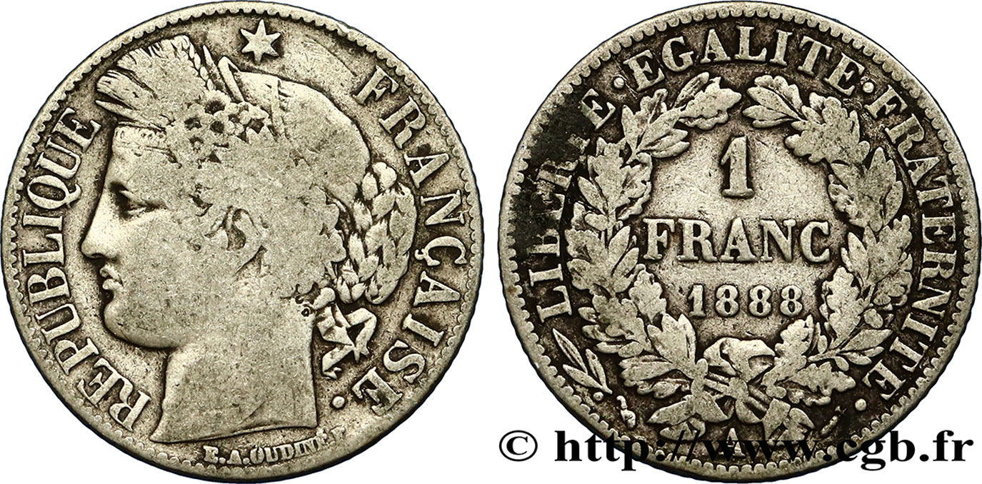 1 franc Cérès, Troisième République 1888 Paris F.216/10 TB30 