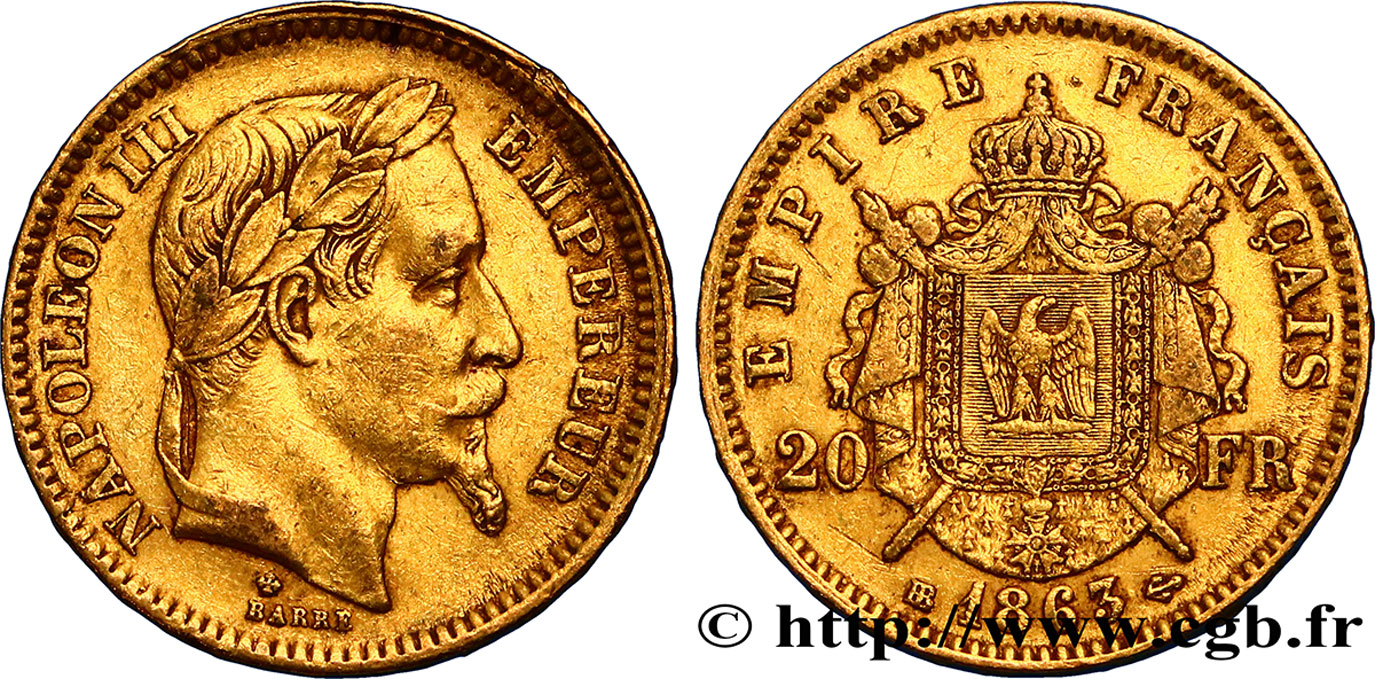 20 francs or Napoléon III, tête laurée 1863 Strasbourg F.532/7 SS40 