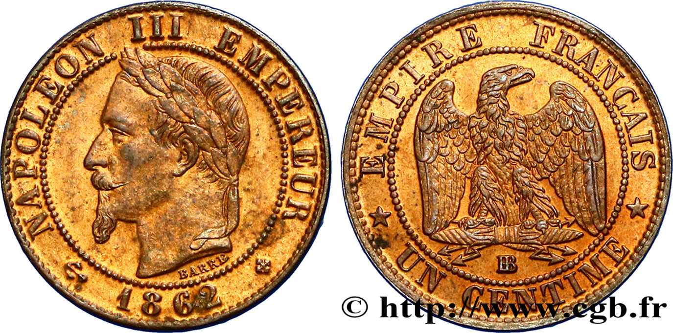Un centime Napoléon III, tête laurée 1862 Strasbourg F.103/5 TTB52 