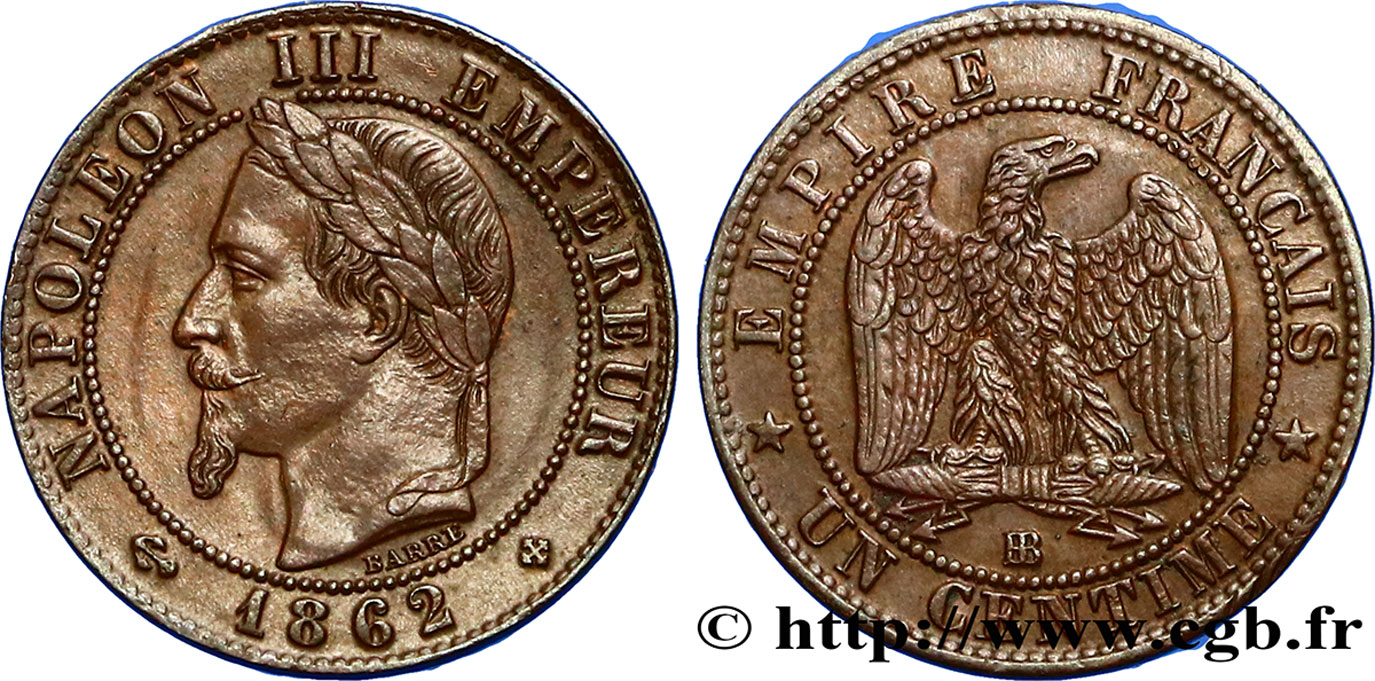 Un centime Napoléon III, tête laurée 1862 Strasbourg F.103/5 TTB52 