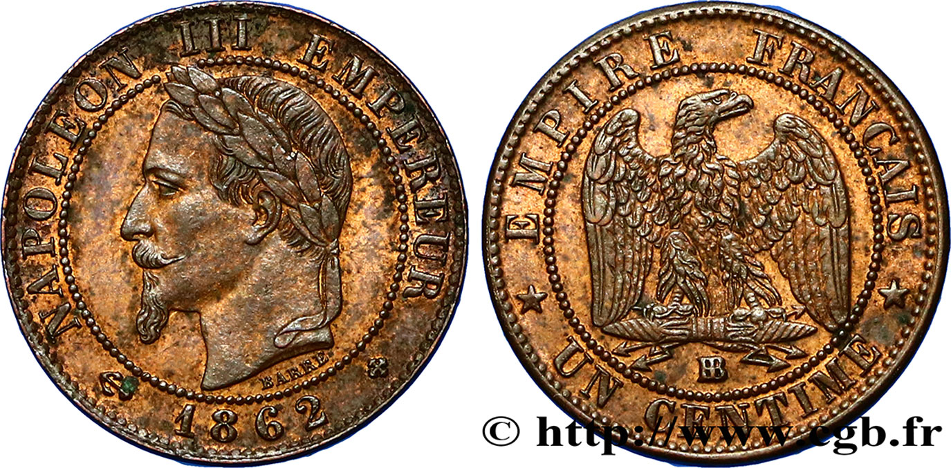 Un centime Napoléon III, tête laurée 1862 Strasbourg F.103/5 TTB52 