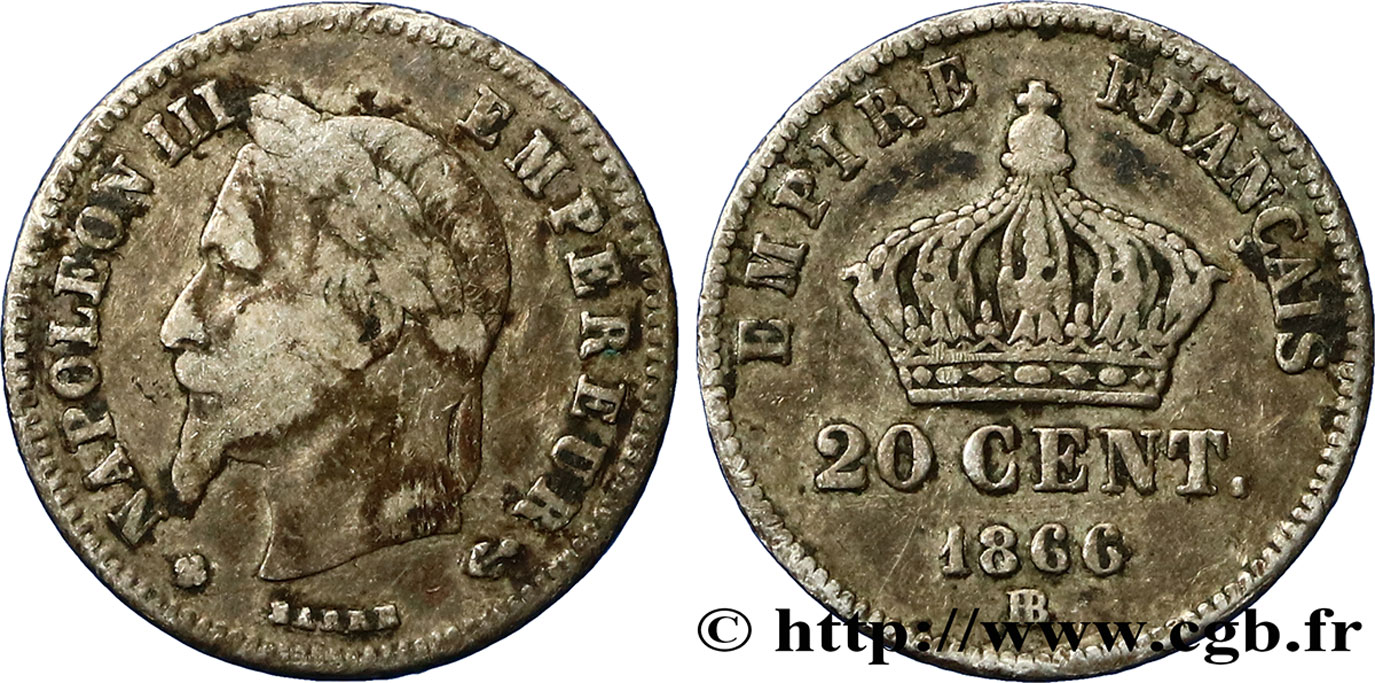 20 centimes Napoléon III, tête laurée, petit module 1866 Strasbourg F.149/5 TB15 