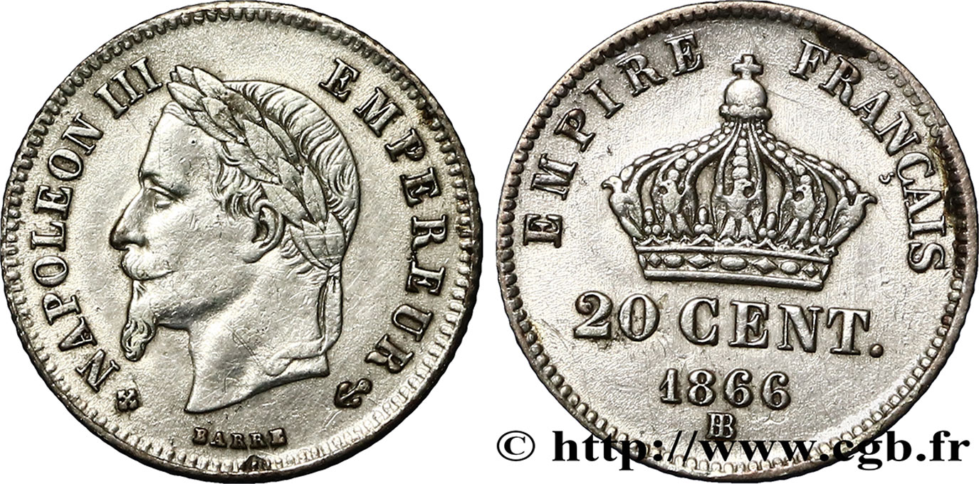20 centimes Napoléon III, tête laurée, petit module 1866 Strasbourg F.149/5 S35 