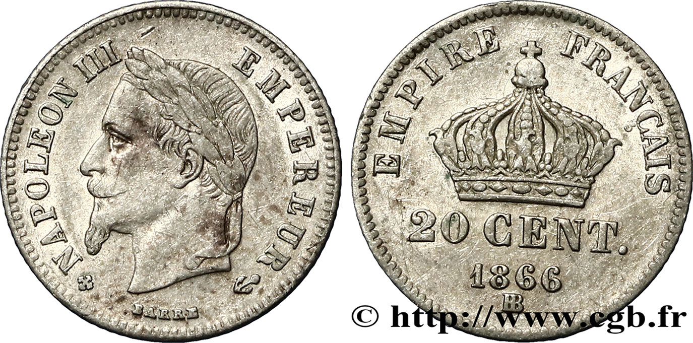 20 centimes Napoléon III, tête laurée, petit module 1866 Strasbourg F.149/5 TB35 
