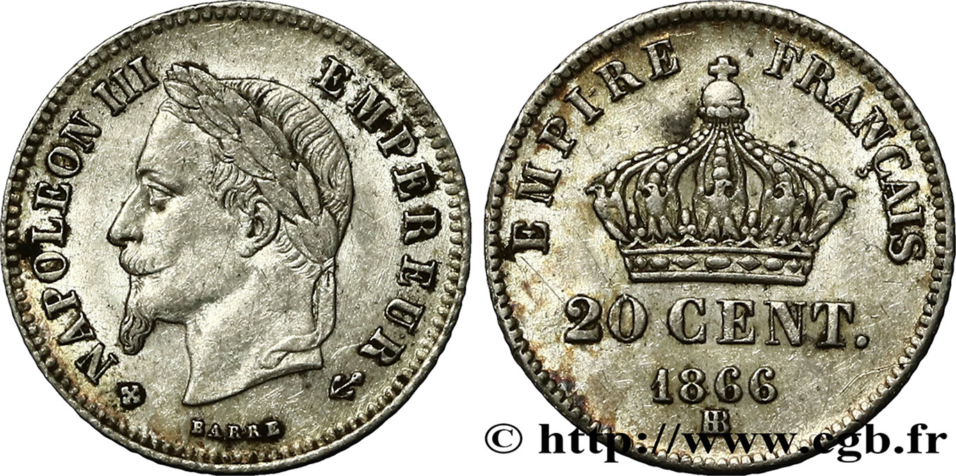 20 centimes Napoléon III, tête laurée, petit module 1866 Strasbourg F.149/5 TB35 
