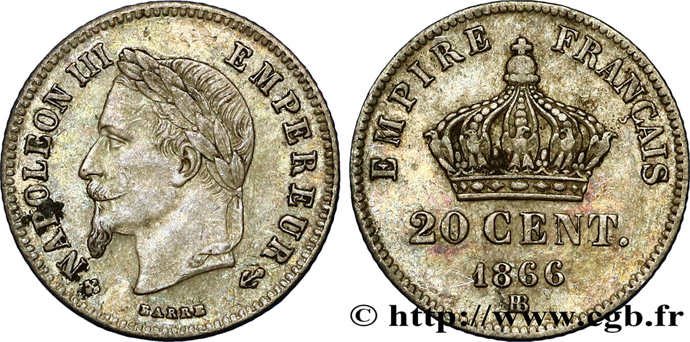 20 centimes Napoléon III, tête laurée, petit module 1866 Strasbourg F.149/5 TB35 