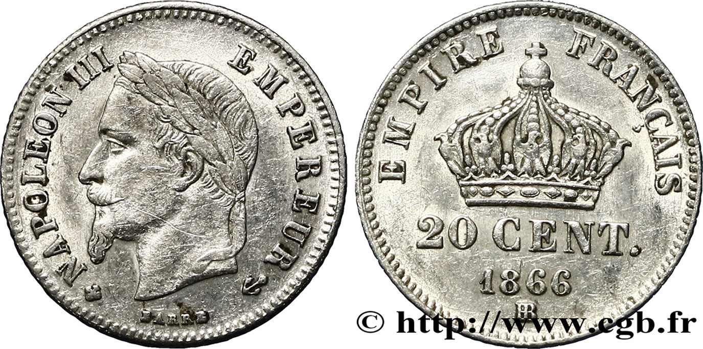 20 centimes Napoléon III, tête laurée, petit module 1866 Strasbourg F.149/5 XF40 