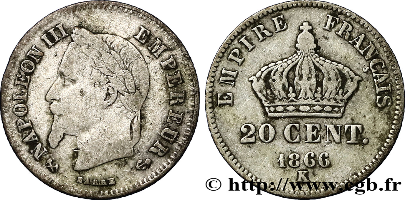 20 centimes Napoléon III, tête laurée, petit module 1866 Bordeaux F.149/6 BC15 