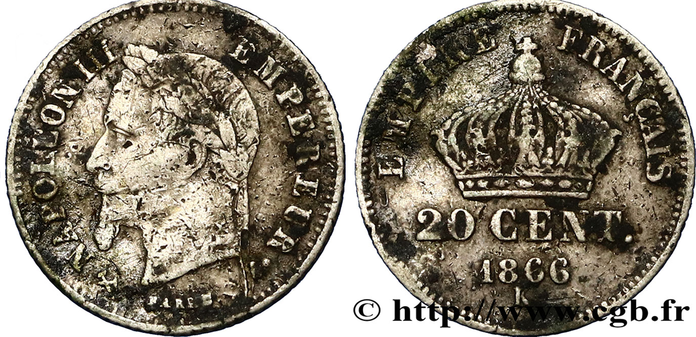 20 centimes Napoléon III, tête laurée, petit module 1866 Bordeaux F.149/6 TB15 