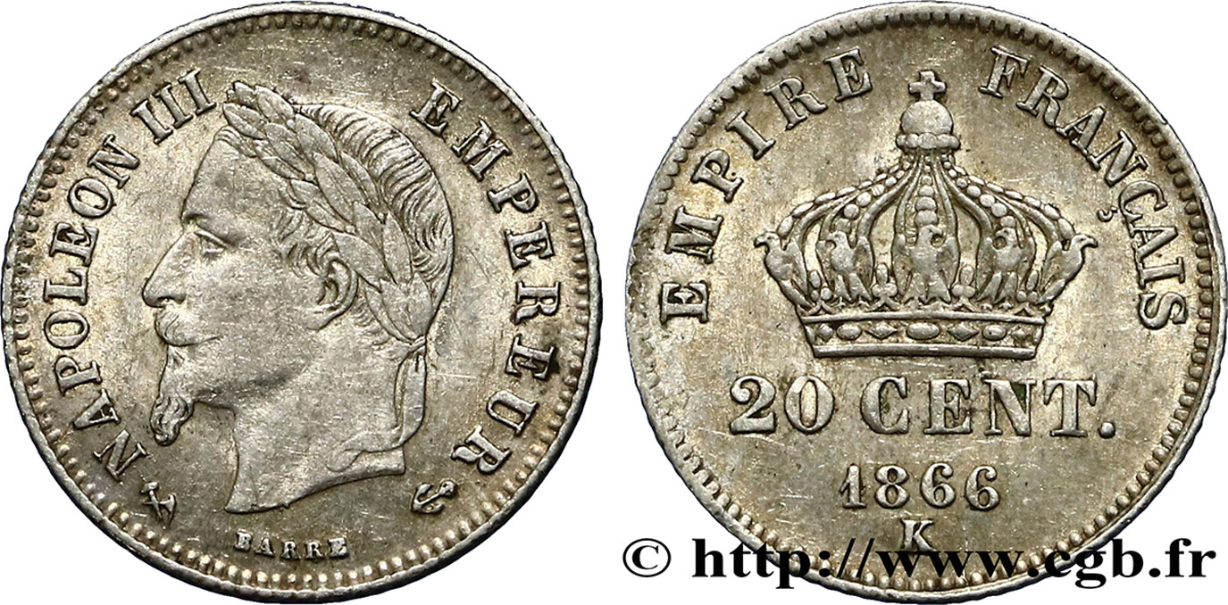20 centimes Napoléon III, tête laurée, petit module 1866 Bordeaux F.149/6 TTB45 