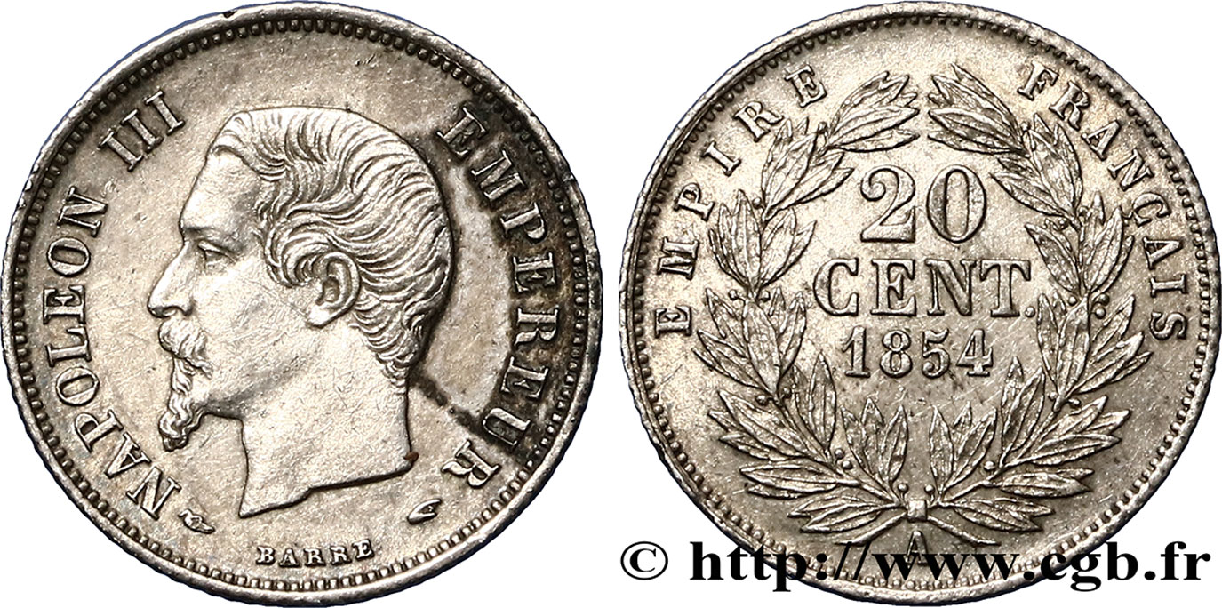 20 centimes Napoléon III, tête nue 1854 Paris F.148/2 TTB50 