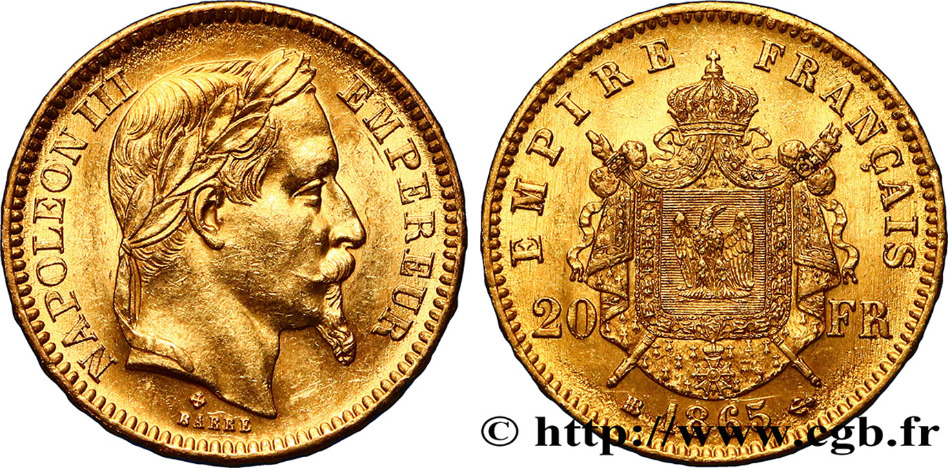 20 francs or Napoléon III, tête laurée 1865 Strasbourg F.532/12 AU55 