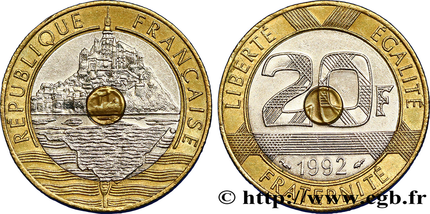20 francs Mont Saint-Michel, 5 cannelures, V fermé 1992 Pessac F.403/2 AU50 