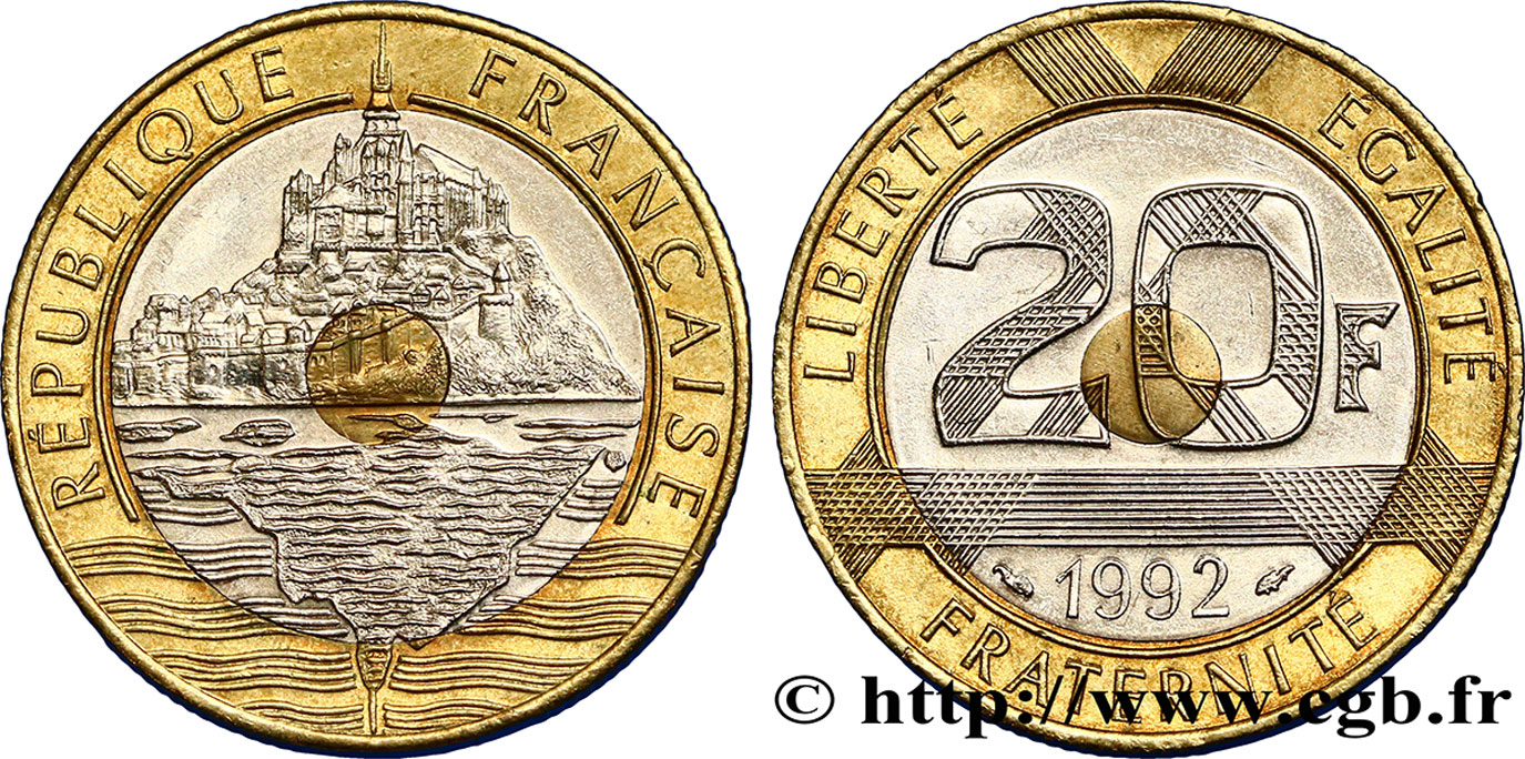 20 francs Mont Saint-Michel, 5 cannelures, V fermé 1992 Pessac F.403/2 AU50 