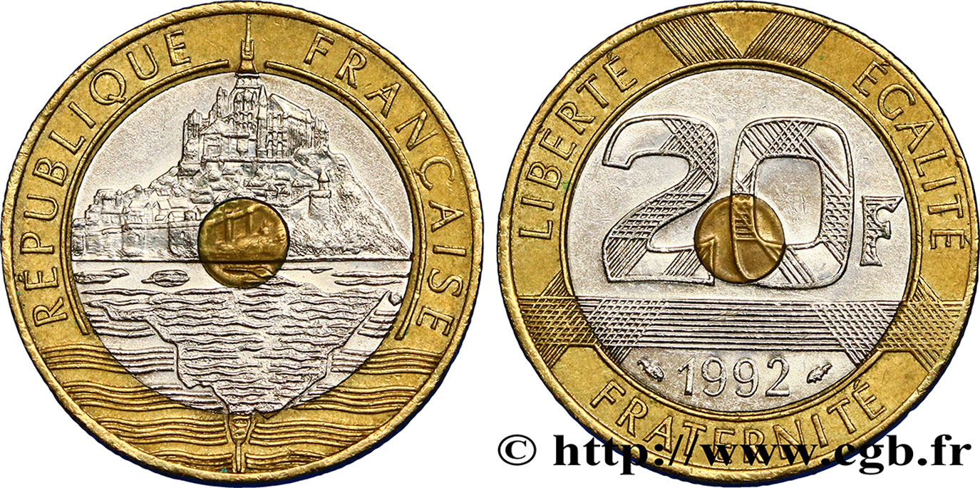 20 francs Mont Saint-Michel, 5 cannelures, V fermé 1992 Pessac F.403/2 AU50 